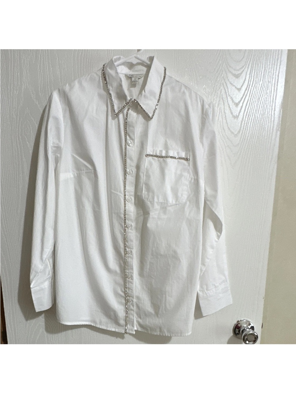 Cato White Long-Sleeve Button Down Shirt with Crystal Trim